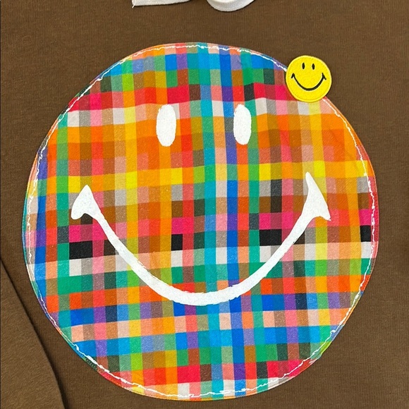 Joshua Sanders Brown Plaid Smiley Face Applique Hoodie Heavyweight Sweatshirt XS - Picture 6 of 13